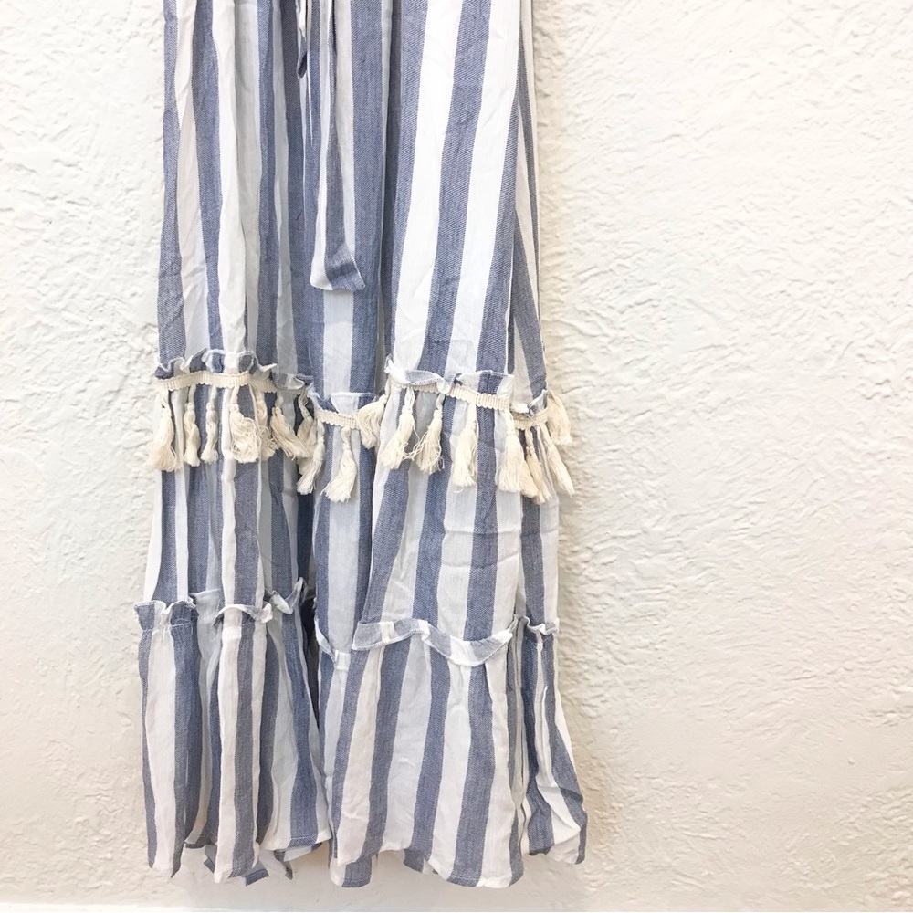Altar'd State Off Shoulder Maxi Dress Blue White Stripe Fringe Tassel Large - Picture 5 of 9